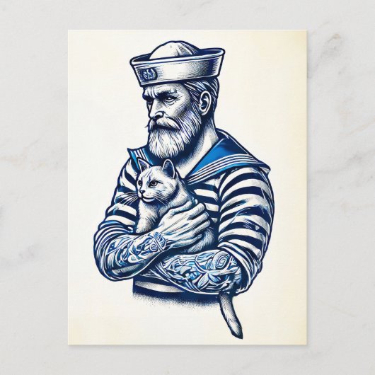 Zeeman die een kat op zijn arm houdt briefkaart (Voorkant)