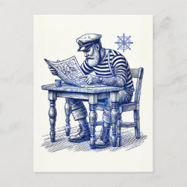 Zeeman die een krant leest aan tafel briefkaart