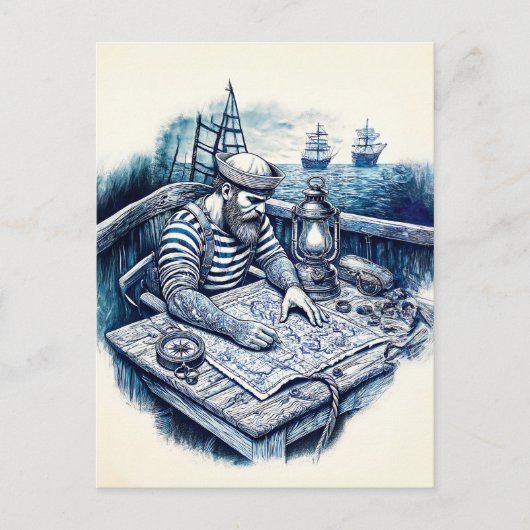 Zeeman die een nautische kaart leest op het dek va (Voorkant)