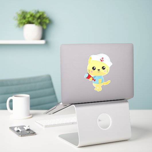 Zeeman Kat, Bootkapitein, Zeilboothoed, Mooie Kat Sticker (Laptop op bureau)