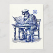 Zeeman leest krant aan tafel briefkaart (Voorkant)