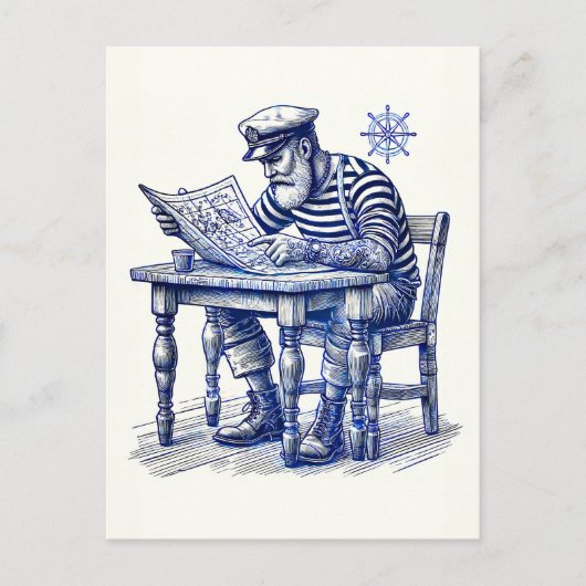 Zeeman leest krant aan tafel briefkaart (Voorkant)