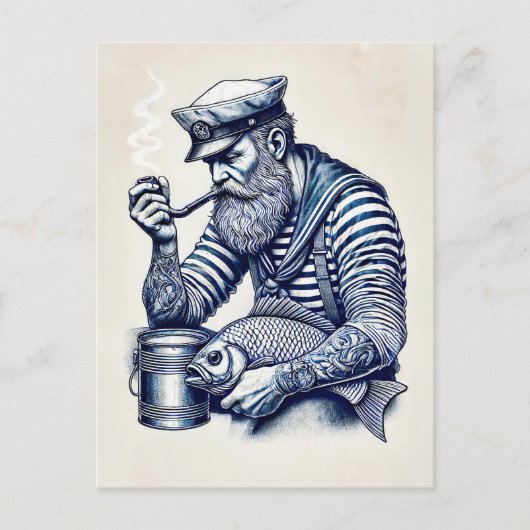 Zeeman met pijp en vis onder zijn arm briefkaart (Voorkant)