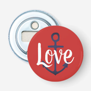 zeemansblauw ANCHOR + wit LOVE script Button Flesopener
