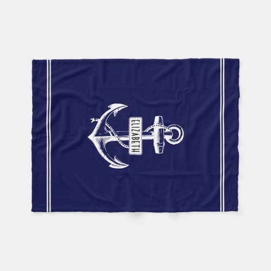 Zeemblauw en wit nautisch anker en lijnen fleece deken (Voorkant (Horizontaal))