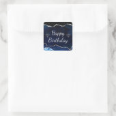 Zeemblauw en zilver Glitter Agate Happy Birthday Vierkante Sticker (Tas)