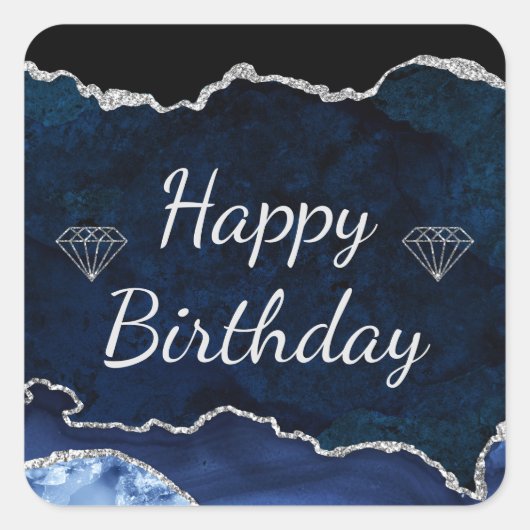 Zeemblauw en zilver Glitter Agate Happy Birthday Vierkante Sticker (Voorkant)