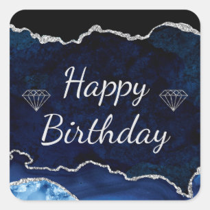 Zeemblauw en zilver Glitter Agate Happy Birthday Vierkante Sticker