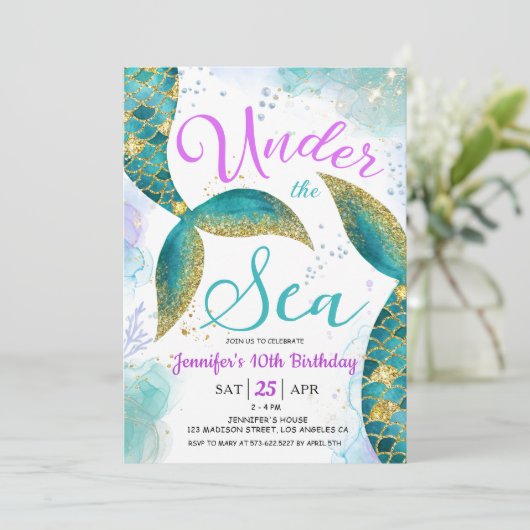 Zeemeermin 10th Birthday Girl Pink Blauwgroen Onde Kaart (Staand voorkant)