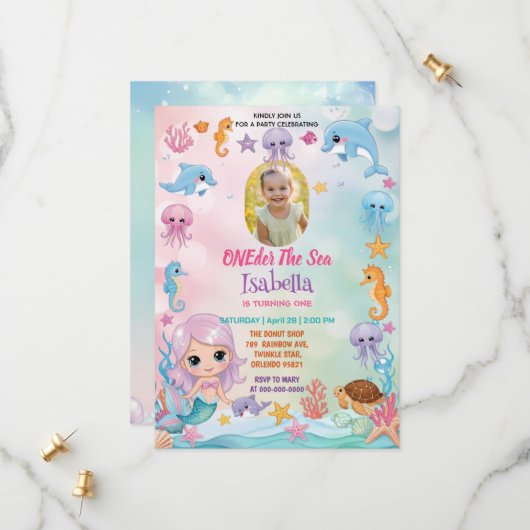 Zeemeermin 1e foto Oneder Ocean verjaardag Save The Date (Voorkant / Achterkant in situ)