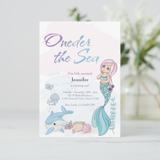 Zeemeermin 1e Meisje Verjaardagsfeestje ONEder Het Kaart (Staand voorkant)
