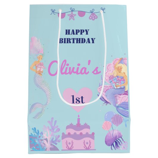 Zeemeermin 1e Verjaardag Onder Zee Gift Bag Medium Cadeauzakje (Achterkant)
