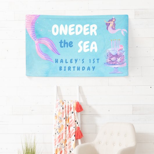 Zeemeermin 1e Verjaardag ONEder het zee Blue Budge Spandoek (Insitu)