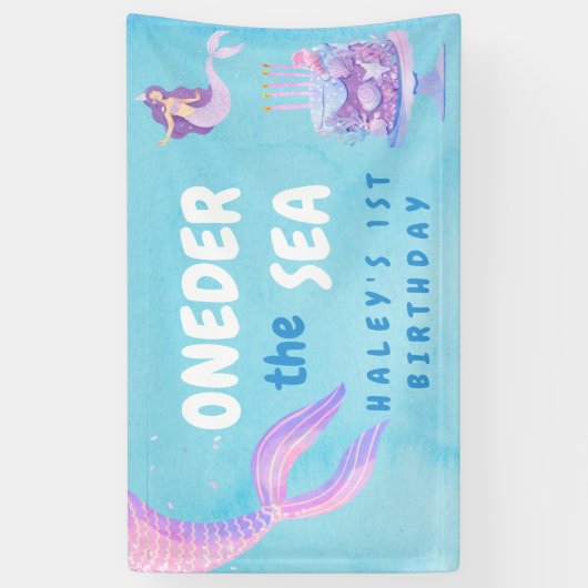 Zeemeermin 1e Verjaardag ONEder het zee Blue Budge Spandoek (Verticaal)