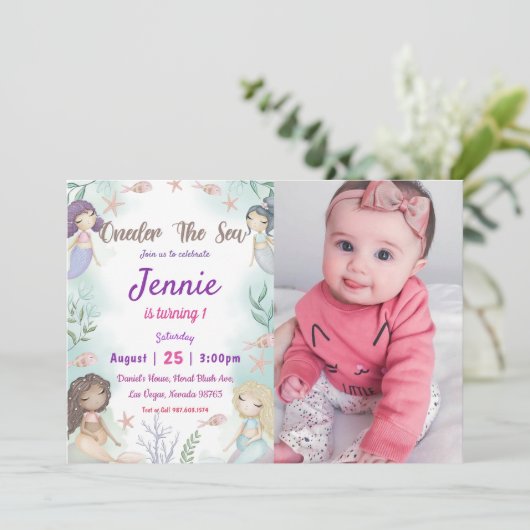 Zeemeermin 1e Verjaardag ONEder Het Zee Feest Invi Kaart (Staand voorkant)