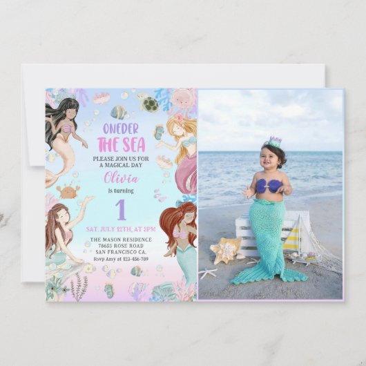 Zeemeermin 1e Verjaardag Oneder Het Zee Feest Kaart (Voorkant)
