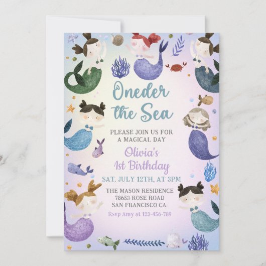 Zeemeermin 1e Verjaardag Oneder Het Zee Feest Kaart (Voorkant)