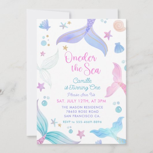 Zeemeermin 1e Verjaardag Oneder Het Zee Feest Kaart (Voorkant)