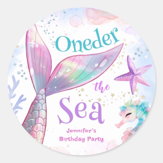 Zeemeermin 1e Verjaardag Oneder Het Zee Roze Paars Ronde Sticker (Voorkant)
