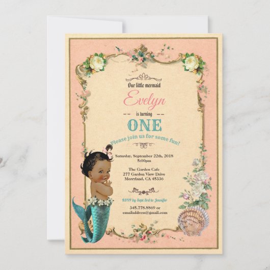 Zeemeermin 1e verjaardag uitnodiging roze (Voorkant)