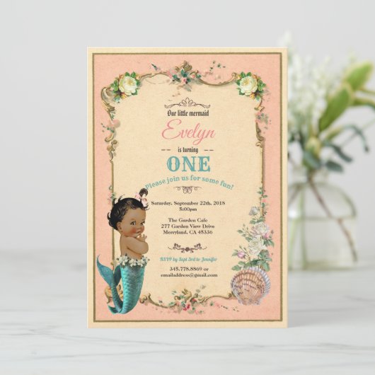 Zeemeermin 1e verjaardag uitnodiging roze (Staand voorkant)