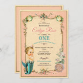 Zeemeermin 1e verjaardag uitnodiging roze (Voorkant / Achterkant)