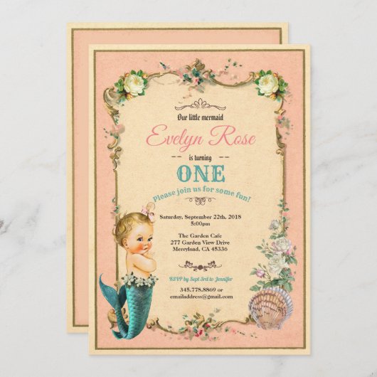 Zeemeermin 1e verjaardag uitnodiging roze (Voorkant / Achterkant)