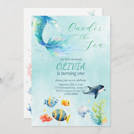 Zeemeermin 1e Verjaardag Waterverf Onze Kleine Zee Kaart (Voorkant / Achterkant)