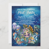 Zeemeermin 1e verjaardag zwembad feest kaart (Voorkant)