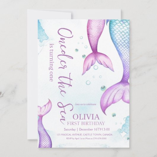 Zeemeermin 1e Verjaardags Meisjes Oneder Het Zee Z Kaart (Voorkant)