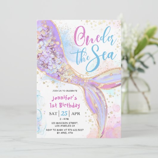 Zeemeermin 1e verjaardagsfeest Paarse eigenaar van Kaart (Staand voorkant)