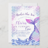 Zeemeermin 1e Verjaardagsfeest Schattige Roze Blau Kaart (Voorkant)