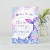 Zeemeermin 1e Verjaardagsfeest Schattige Roze Blau Kaart (Staand voorkant)