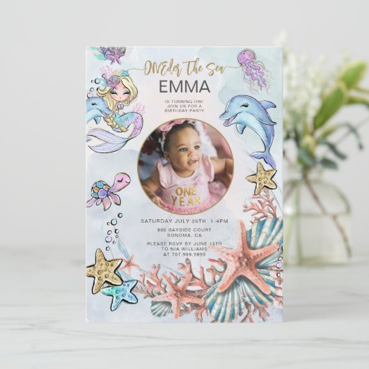 Zeemeermin 1e Verjaardagsfeestfoto ONEder Het Zee Kaart (Staand voorkant)