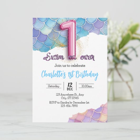 Zeemeermin 1e verjaardagsuitnodiging kaart (Staand voorkant)