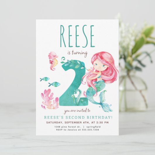 Zeemeermin 2e verjaardag uitnodiging (Staand voorkant)