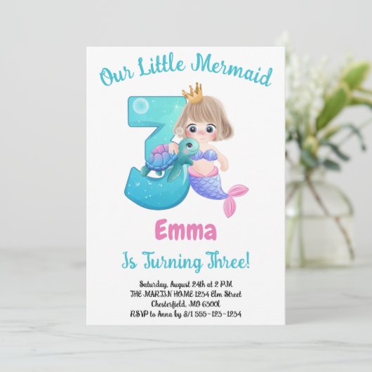 Zeemeermin 3de verjaardagsfeest uitnodiging (Staand voorkant)