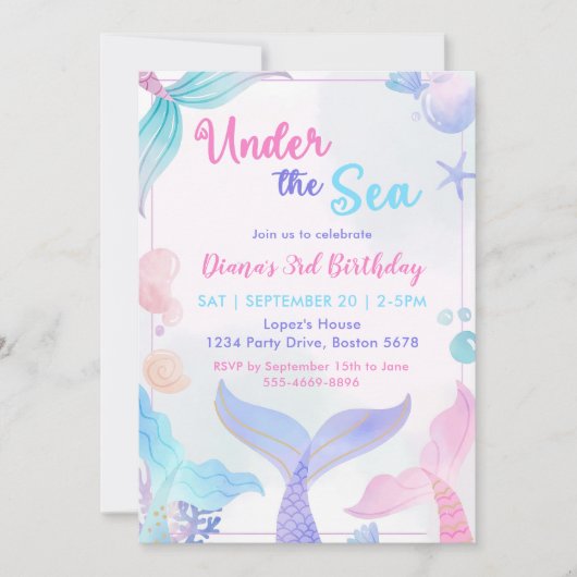 Zeemeermin 3e verjaardag onder het Zee feest Kaart (Voorkant)