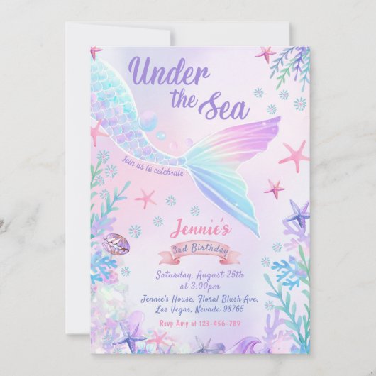Zeemeermin 3e verjaardag onder het Zee feest Kaart (Voorkant)