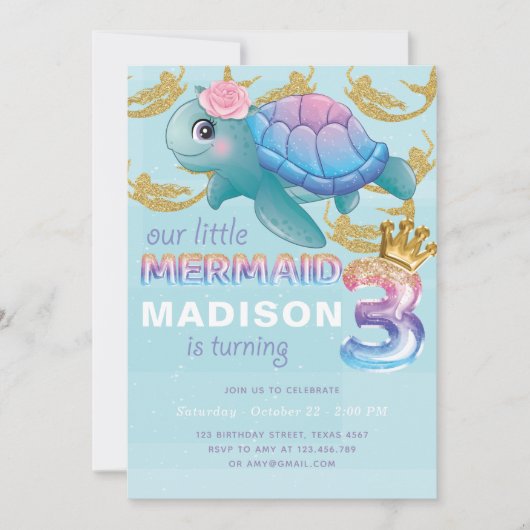 Zeemeermin 3e Verjaardag Roze Blauw Goud Glitter Kaart (Voorkant)