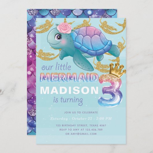 Zeemeermin 3e Verjaardag Roze Blauw Goud Glitter Kaart (Voorkant / Achterkant)