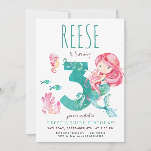 Zeemeermin 3e verjaardag uitnodiging (Voorkant)