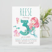 Zeemeermin 3e verjaardag uitnodiging (Staand voorkant)