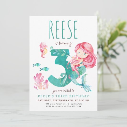 Zeemeermin 3e verjaardag uitnodiging (Staand voorkant)