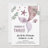 Zeemeermin 3e Verjaardag Zee Paarse Uitnodiging (Voorkant)