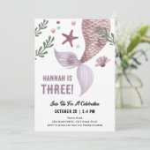 Zeemeermin 3e Verjaardag Zee Paarse Uitnodiging (Staand voorkant)