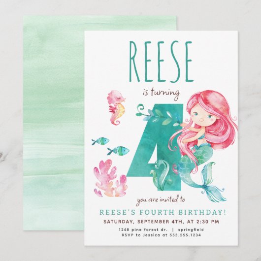 Zeemeermin 4e verjaardag uitnodiging (Voorkant / Achterkant)