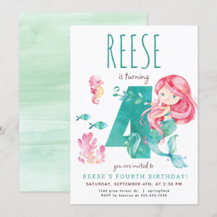 Zeemeermin 4e verjaardag uitnodiging