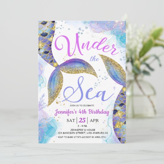 Zeemeermin 4e Verjaardags Meisje Roze Onder het Ze Kaart (Staand voorkant)