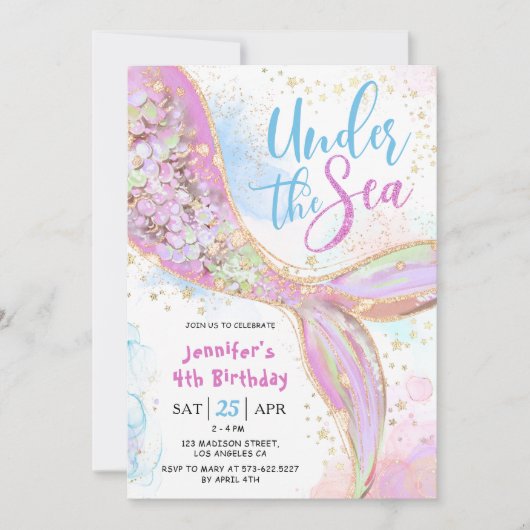 Zeemeermin 4e verjaardagsfeest roze onder het Zee Kaart (Voorkant)